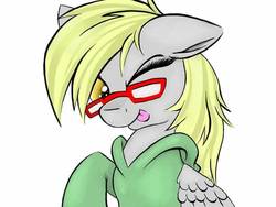 Size: 720x540 | Tagged: safe, artist:mac1918, derpy hooves, pegasus, pony, g4, clothes, female, floppy ears, glasses, hoodie, looking at you, mare, one eye closed, simple background, solo, sweatshirt, tongue out, white background, wink