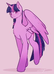 Size: 1060x1440 | Tagged: safe, artist:caseykeshui, twilight sparkle, alicorn, pony, g4, constellation, constellation hair, ethereal mane, eye clipping through hair, eyebrows, eyebrows visible through hair, female, looking at you, mare, pink background, simple background, solo, starry mane, twilight sparkle (alicorn)