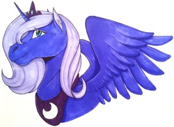 Size: 3970x2885 | Tagged: safe, artist:bennythebunny95, princess luna, alicorn, pony, g4, bust, ear fluff, eyebrows, eyebrows visible through hair, female, high res, hoers, horn, jewelry, mare, portrait, profile, regalia, s1 luna, simple background, solo, spread wings, traditional art, white background, wings