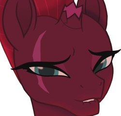 Size: 646x620 | Tagged: safe, screencap, tempest shadow, pony, unicorn, g4, my little pony: the movie, broken horn, bust, clothes, cropped, eye scar, horn, lip bite, scar, simple background, white background