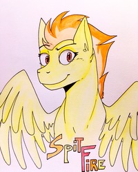 Size: 3024x3781 | Tagged: safe, artist:bennythebunny95, spitfire, pegasus, pony, g4, bust, ear fluff, female, high res, looking at you, mare, raised eyebrow, simple background, smiling, solo, traditional art, white background