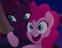 Size: 1024x785 | Tagged: safe, screencap, pinkie pie, tempest shadow, pony, unicorn, my little pony: the movie, broken horn, cropped, cute, diapinkes, duo, eye scar, horn, hug, open mouth, scar, tempestbetes
