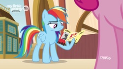Size: 1280x720 | Tagged: safe, screencap, pinkie pie, rainbow dash, pony, common ground, g4, brochure, solo focus, wing hands