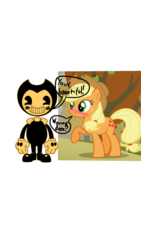 Size: 1500x2668 | Tagged: safe, edit, edited screencap, screencap, applejack, earth pony, pony, g4, 1000 hours in ms paint, background pony strikes again, bendy and the ink machine, blank space, blushing, op is a duck, shipping