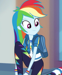 Size: 900x1080 | Tagged: safe, screencap, rainbow dash, equestria girls, g4, my little pony equestria girls: better together, run to break free, backpack, cute, dashabetes, female, geode of super speed, magical geodes
