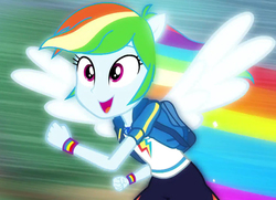 Size: 1492x1080 | Tagged: safe, screencap, rainbow dash, equestria girls, g4, my little pony equestria girls: better together, run to break free, beautiful, cute, dashabetes, geode of super speed, magical geodes, ponied up, singing, transformation, wings