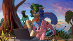 Size: 1920x1080 | Tagged: safe, artist:discordthege, oc, oc only, oc:bree, oc:mind gate, pony, unicorn, commission, computer, controller, gasp, glasses, laptop computer, open mouth, raised hoof, rock, scenery, sitting, tongue out, tree