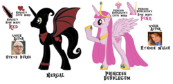Size: 5928x2888 | Tagged: safe, alicorn, demon, demon pony, human, pony, unicorn, business suit, clothes, crossover, crown, female, horn, husband and wife, hynden walch, irl, irl human, jewelry, magic horn, male, mare, nergal, photo, pink, princess bubblegum, red, regalia, solo, stallion, steve burns, voice actors, wings