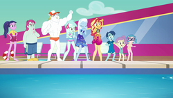 Size: 1920x1080 | Tagged: safe, screencap, baewatch, bulk biceps, henry handle, lily pad (g4), lyra heartstrings, manestrum, meal ticket, sunset shimmer, technicolor waves, trixie, equestria girls, equestria girls series, g4, i'm on a yacht, spoiler:eqg series (season 2), background human, barefoot, belly button, bikini, clothes, cruise, feet, female, floaty, geode of empathy, geode of shielding, geode of sugar bombs, geode of super speed, geode of super strength, geode of telekinesis, inflatable, inflatable toy, legs, magical geodes, male, male nipples, midriff, nipples, nudity, one-piece swimsuit, partial nudity, pool toy, racing, raft, riding, sarong, short shirt, skirt, sky, swimming pool, swimsuit, tankini, topless