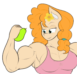 Size: 857x824 | Tagged: safe, artist:calm wind, artist:matchstickman, pear butter, earth pony, anthro, g4, abs, animated, armpits, biceps, breasts, busty pear butter, clothes, deltoids, dialogue, female, flexing, food, frame by frame, fruit, gif, grin, looking at you, mare, matchstickman's pear buffer series, muscles, muscular female, one eye closed, pear, pear buffer, pecs, simple background, sleeveless shirt, smiling, solo, talking to viewer, triceps, vein bulge, white background, wink