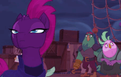 Size: 283x181 | Tagged: safe, screencap, captain celaeno, lix spittle, mullet (g4), tempest shadow, parrot pirates, g4, my little pony: the movie, animated, armor, beautiful, broken horn, eye scar, female, horn, mare, mohawk, pirate, scar, suspicious, walking, worried