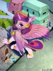 Size: 1200x1600 | Tagged: safe, artist:discordthege, princess cadance, monster pony, sphinx, g4, alternate design, chest fluff, clawing, cute, cutedance, ear fluff, female, fluffy, horn, leg fluff, looking at you, macro, multicolored hair, paws, species swap, sphinxified