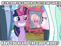 Size: 572x425 | Tagged: safe, edit, edited screencap, screencap, dusty pages, tender brush, twilight sparkle, winter lotus, alicorn, pony, g4, the point of no return, caption, creepy, creepy smile, faic, image macro, meme, mormon, mormonism, mormons, saddle bag, smiling, text, twilight sparkle (alicorn)