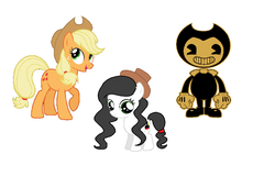 Size: 1508x968 | Tagged: safe, applejack, earth pony, pony, g4, 1000 hours in ms paint, bendy and the ink machine, crossover, crossover shipping, hat, offspring, parent:applejack, parent:bendy, shipping, simple background, white background