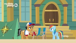 Size: 1280x720 | Tagged: safe, screencap, quibble pants, rainbow dash, earth pony, pegasus, pony, common ground, g4, chair, clothes, shirt, tent
