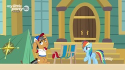 Size: 1280x720 | Tagged: safe, screencap, quibble pants, rainbow dash, earth pony, pegasus, pony, common ground, g4, chair, clothes, shirt, tent