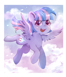 Size: 924x1085 | Tagged: safe, artist:whiskyice, wind sprint, pegasus, pony, common ground, g4, cloud, female, filly, flying, happy, open mouth, sky, solo, spread wings, wings