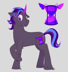 Size: 1000x1050 | Tagged: safe, artist:enigmadoodles, oc, oc only, oc:blacklight, hybrid, pony, unicorn, colored horn, curved horn, cute, cute little fangs, cutie mark, fangs, floppy ears, gray background, horn, hourglass, male, parent:king sombra, parent:starlight glimmer, parents:starlightsombra, raised hoof, simple background, slit pupils, solo, stallion, umbrum oc, unshorn fetlocks