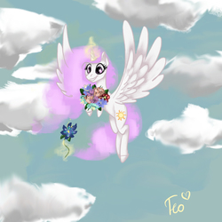 Size: 1181x1181 | Tagged: safe, artist:theo-0, princess celestia, alicorn, pony, g4, bouquet, cloud, ethereal mane, female, flower, flying, glowing horn, grin, horn, magic, mare, pink-mane celestia, smiling, solo, spread wings, telekinesis, wings, younger