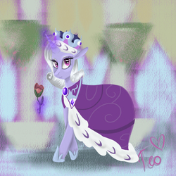 Size: 827x827 | Tagged: safe, artist:theo-0, princess platinum, pony, unicorn, g4, blurry background, crown, female, floppy ears, flower, glowing horn, horn, jewelry, looking at you, magic, mare, raised eyebrow, regalia, solo, telekinesis
