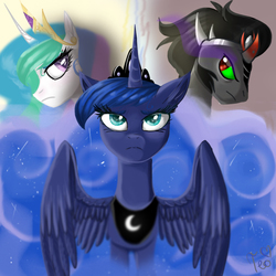 Size: 945x945 | Tagged: safe, artist:theo-0, king sombra, princess celestia, princess luna, alicorn, pony, unicorn, fall of the crystal empire, g4, abstract background, curved horn, ethereal mane, fall of an empire, female, frown, horn, jewelry, looking at each other, looking back, male, mare, regalia, stallion, starry mane, trio