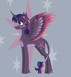 Size: 1395x1513 | Tagged: safe, artist:theo-0, twilight sparkle, alicorn, pony, g4, blaze (coat marking), chest fluff, coat markings, colored wings, curved horn, cutie mark, cutie mark background, facial markings, female, horn, leonine tail, mare, pale belly, profile, redesign, solo, spread wings, twilight sparkle (alicorn), unshorn fetlocks, wings