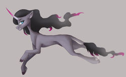 Size: 949x576 | Tagged: safe, artist:theo-0, oleander (tfh), pony, unicorn, them's fightin' herds, cloven hooves, community related, curved horn, female, floppy ears, gray background, horn, leonine tail, looking back, mare, missing accessory, running, sidemouth, simple background, solo