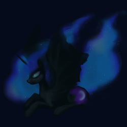Size: 1000x1000 | Tagged: safe, artist:theo-0, nightmare moon, alicorn, pony, g4, bat wings, blue background, ethereal mane, female, mare, missing accessory, prone, simple background, solo, spread wings, starry mane, wings
