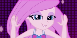 Size: 2000x1000 | Tagged: safe, screencap, fluttershy, equestria girls, g4, i'm on a yacht, my little pony equestria girls: better together, beautiful, female, neon eg logo, sleeveless, smiling, solo, wrong aspect ratio