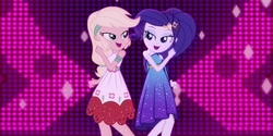 Size: 2000x1000 | Tagged: safe, screencap, applejack, rarity, equestria girls, g4, i'm on a yacht, my little pony equestria girls: better together, dancing, neon eg logo, shipping fuel, sleeveless, smiling, wrong aspect ratio