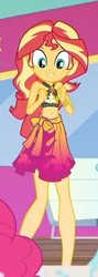 Size: 186x524 | Tagged: safe, screencap, pinkie pie, sunset shimmer, equestria girls, g4, i'm on a yacht, my little pony equestria girls: better together, belly button, bikini, clothes, cropped, cute, geode of empathy, magical geodes, midriff, sarong, shimmerbetes, sleeveless, smiling, swimsuit