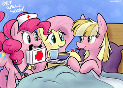 Size: 999x720 | Tagged: safe, artist:thedoggygal, fluttershy, meadow flower, pinkie pie, earth pony, pony, g4, andrea libman, backwards thermometer, bed, caring for the sick, cute, female, food, mare, mouth hold, nurse outfit, pillow, sick, soup, thermometer, trio, voice actor joke