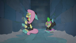 Size: 1920x1080 | Tagged: safe, screencap, fluttershy, spike, dragon, pegasus, pony, g4, sparkle's seven, bunny ears, clothes, costume, dangerous mission outfit, duo, dust, female, goggles, hoodie, male, mare, scared, sitting