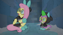 Size: 1920x1080 | Tagged: safe, screencap, fluttershy, spike, dragon, pegasus, pony, g4, sparkle's seven, bunny ears, clothes, costume, dangerous mission outfit, duo, dust, female, goggles, hoodie, male, mare, sitting, winged spike, wings