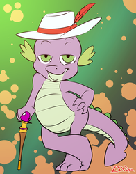 Size: 900x1148 | Tagged: safe, artist:zillford, spike, g4, cane, hat, lidded eyes, male, pimp hat, smiling, smirk, solo