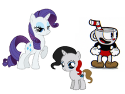 Size: 926x696 | Tagged: safe, rarity, pony, unicorn, g4, 1000 hours in ms paint, crack shipping, crossover, crossover shipping, cuphead, cuphead (character), female, filly, offspring, shipping, simple background, studio mdhr, white background