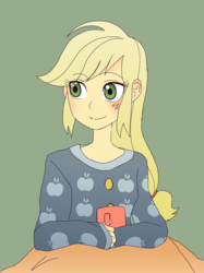 Size: 2000x2667 | Tagged: safe, artist:haibaratomoe, applejack, equestria girls, g4, bed, bust, clothes, cup, hatless, high res, missing accessory, pajamas, sitting, solo, teacup