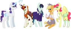 Size: 1936x808 | Tagged: safe, artist:sychia, applejack, autumn blaze, coloratura, rarity, strawberry sunrise, earth pony, kirin, pegasus, pony, unicorn, g4, applejack gets all the mares, autumberry colorarijack, autumnjack, choker, clothes, commission, cowboy hat, dress, female, flower, flower in hair, freckles, gloves, glowing horn, hat, horn, interspecies, jewelry, lesbian, levitation, magic, mare, necklace, open mouth, plaid skirt, polo shirt, polyamory, poncho, raised hoof, ship:applerise, ship:rarajack, ship:rarijack, shipping, shorts, simple background, sitting, skirt, socks, tank top, telekinesis, transparent background, wall of tags