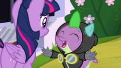 Size: 1920x1080 | Tagged: safe, screencap, spike, twilight sparkle, alicorn, dragon, pony, g4, sparkle's seven, butt, clothes, costume, dangerous mission outfit, goggles, hoodie, plot, twilight sparkle (alicorn), winged spike, wings