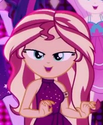 Size: 547x666 | Tagged: safe, screencap, fluttershy, sci-twi, sunset shimmer, twilight sparkle, equestria girls, g4, i'm on a yacht, my little pony equestria girls: better together, cropped, female, neon eg logo, sleeveless, wrong aspect ratio