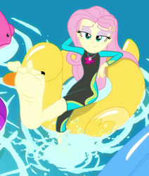 Size: 916x1080 | Tagged: safe, alternate version, edit, edited screencap, editor:grapefruitface, screencap, fluttershy, equestria girls, equestria girls series, g4, i'm on a yacht, spoiler:eqg series (season 2), barefoot, bedroom eyes, big feet, clothes, cute, feet, female, floaty, flutterfeet, fluttershy's wetsuit, foot focus, geode of empathy, geode of fauna, geode of shielding, geode of sugar bombs, geode of super speed, geode of super strength, geode of telekinesis, inflatable, inflatable toy, magical geodes, pool toy, shyabetes, soles, solo, splash, swimsuit, toes, water, wetsuit, wiggling toes, wingding eyes