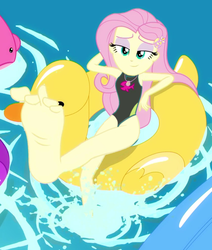Size: 916x1080 | Tagged: safe, alternate version, edit, edited screencap, editor:grapefruitface, screencap, fluttershy, equestria girls, g4, i'm on a yacht, my little pony equestria girls: better together, barefoot, beach shorts swimsuit, bedroom eyes, big feet, clothes, cute, feet, female, floaty, flutterfeet, fluttershy's beach shorts swimsuit, fluttershy's one-piece swimsuit, foot focus, geode of empathy, geode of fauna, geode of shielding, geode of sugar bombs, geode of super speed, geode of super strength, geode of telekinesis, inflatable, inflatable toy, magical geodes, one-piece swimsuit, pool toy, shyabetes, sleeveless, soles, solo, splash, swimsuit, swimsuit edit, toes, water, wiggling toes, wingding eyes