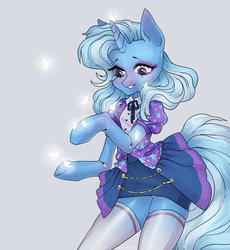 Size: 1280x1394 | Tagged: safe, artist:nebychko, trixie, unicorn, anthro, g4, arm hooves, breasts, clothes, female, magic, mare, miniskirt, panties, skirt, small breasts, socks, solo, thigh highs, underwear, upskirt, white underwear, zettai ryouiki