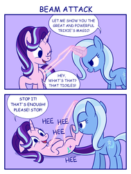 Size: 1600x2120 | Tagged: safe, artist:sazanamibd, starlight glimmer, trixie, pony, unicorn, g4, magic duel, 2 panel comic, adorable distress, belly up, butt, comedy, comic, crying, cute, cuteness overload, daaaaaaaaaaaw, diatrixes, female, glimmerbetes, great and powerful, laser beam, laughing, magic, mare, mischievous grin, on floor, one eye closed, plot, reference, rolling around, ship:startrix, shipping, smiling, tears of laughter, tickle beam, tickle torture, tickling, ticklish tummy, wince