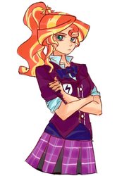 Size: 599x818 | Tagged: safe, artist:keeerooooo1, sunset shimmer, equestria girls, g4, clothes, clothes swap, crossed arms, crystal prep academy uniform, cute, female, human coloration, looking at you, ponytail, school uniform, shimmerbetes, simple background, solo, white background