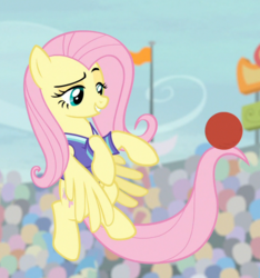 Size: 724x773 | Tagged: safe, screencap, fluttershy, pegasus, pony, common ground, g4, ball, clothes, cropped, female, flying, jersey, lidded eyes, mare, prehensile tail, raised eyebrow, smugshy, solo