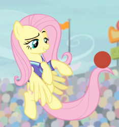 Size: 724x773 | Tagged: safe, screencap, fluttershy, pegasus, pony, common ground, g4, my little pony: friendship is magic, ball, clothes, cropped, female, flying, jersey, lidded eyes, mare, prehensile tail, raised eyebrow, smugshy, solo