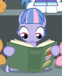 Size: 412x505 | Tagged: safe, screencap, clear sky, orion, quibble pants, shooting star (g4), wind sprint, pegasus, pony, common ground, g4, book, cropped, female, filly, foal, offscreen character, reading, sitting, smiling, solo focus