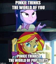 Size: 500x569 | Tagged: safe, edit, edited screencap, screencap, sunset shimmer, twilight sparkle, equestria girls, g4, my little pony equestria girls: rainbow rocks, bojack horseman, caption, clothes, discovery family logo, food, image macro, imgflip, implied pinkie pie, pajamas, poptart, refrigerator, text