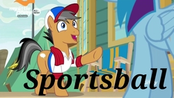 Size: 1920x1080 | Tagged: safe, edit, edited screencap, screencap, quibble pants, rainbow dash, earth pony, pegasus, pony, common ground, g4, chair, discovery family logo, female, flag, hat, male, mare, open mouth, sportsball, stallion, tent, text